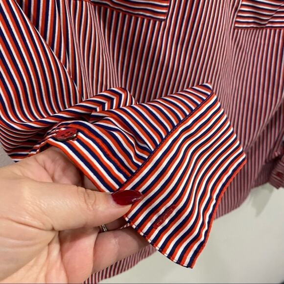 Cabi Franklin Patriot Stripe Red White Split Neck Blouse Button Sleeve Sz Small - Picture 9 of 12